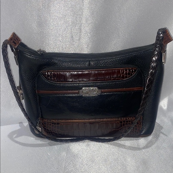 Brighton Black and Brown Shoulder Bag with Leather Texture and Silver Hardware - Picture 1 of 12